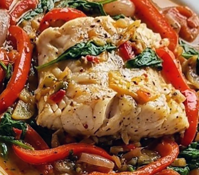 monkfish steak served on top of the porvencal vegetables on a plate