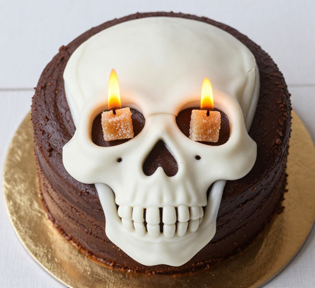 chocolate cake decorated with a white icing skull with burning sugar cubes for eyes