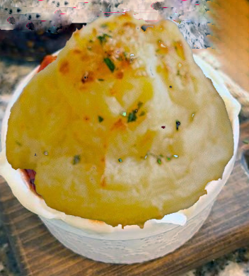 cabbage and potato mountain baked and presented in a ramekin