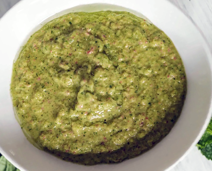 Cameroonian All-purpose Green Spice Marinade in a white bowl