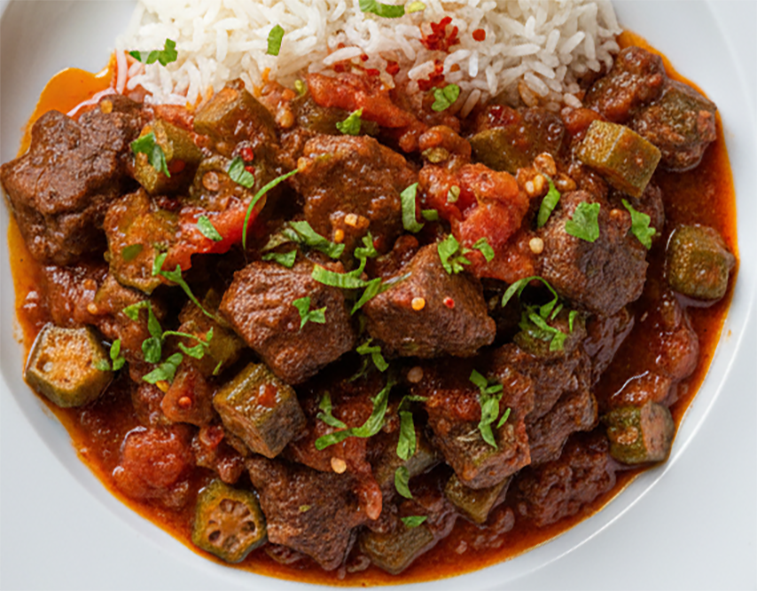 moulah, meat and vegetable stew with okra served with rice