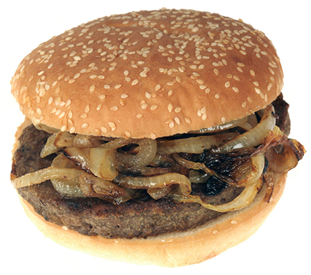 cheesy burger patty topped with fried onions in a sesame seed bun