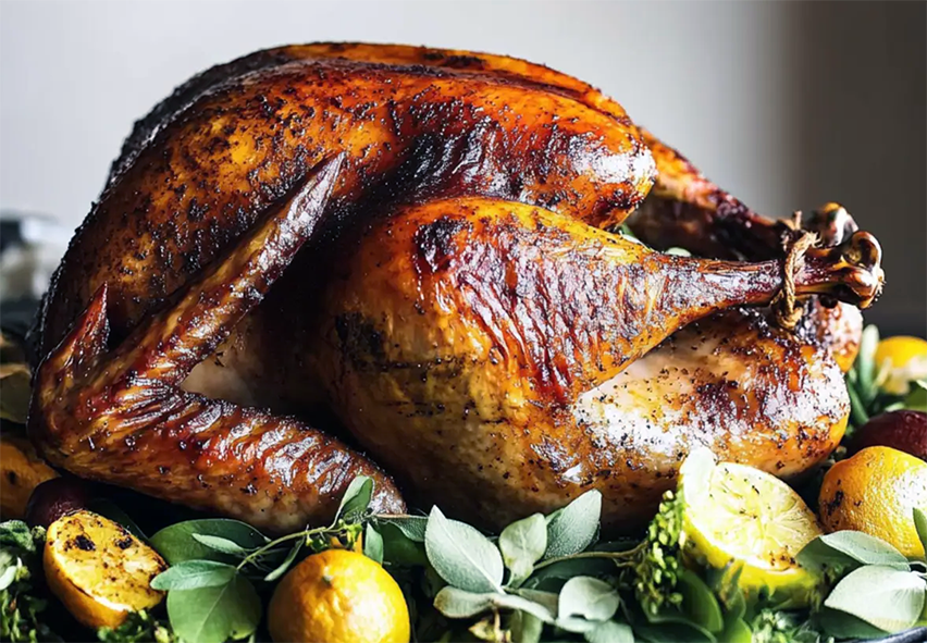 Chinese-style roast turkey on a bed of lemons and leaves