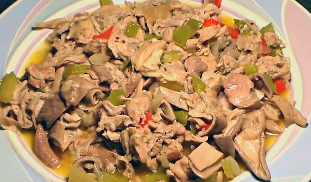 simmered chitterlings arranged on a plate