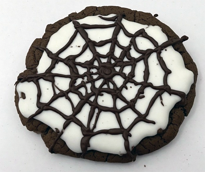 chocolate biscuit covered with white icing and decorated with a chocolate spiderweb pattern