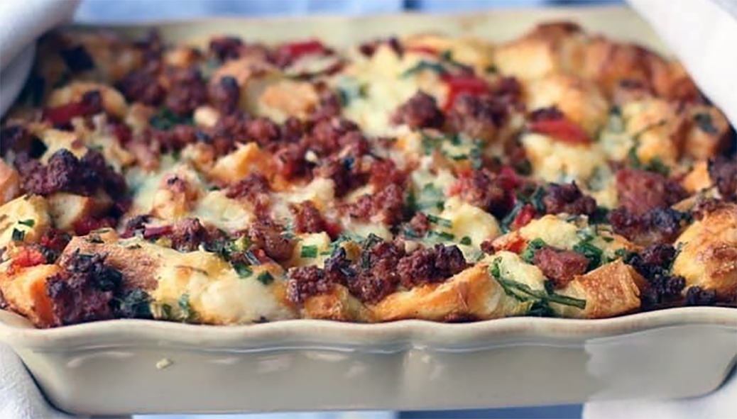 chorizo and asparagus strata in a baking dish
