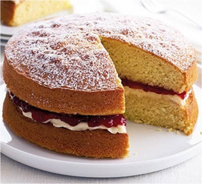 double layer Victoria sandwich cake, the layers sandwiched with jam and buttercream icing