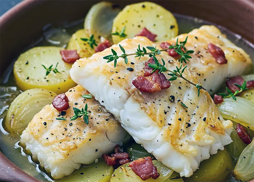 Cod roasted with potatoes, shallots and bacon pieces served from the roasting dish and garnished with thyme