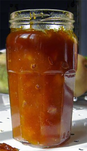 Senegalese pumpkin and ginger preserve in a glass jam jar