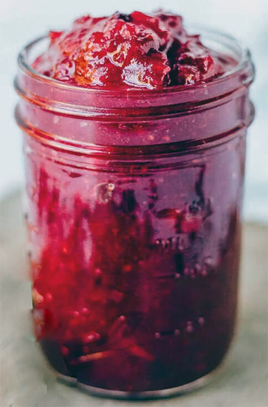 chopped cranberry jam in a jam jar