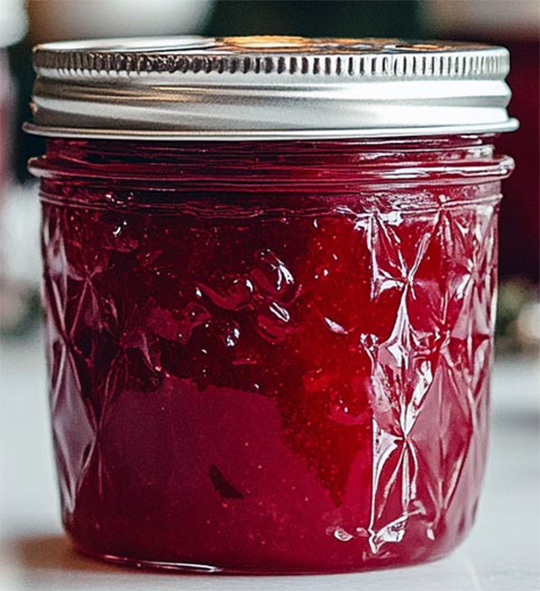 Cranberry jelly potted in a jam jar