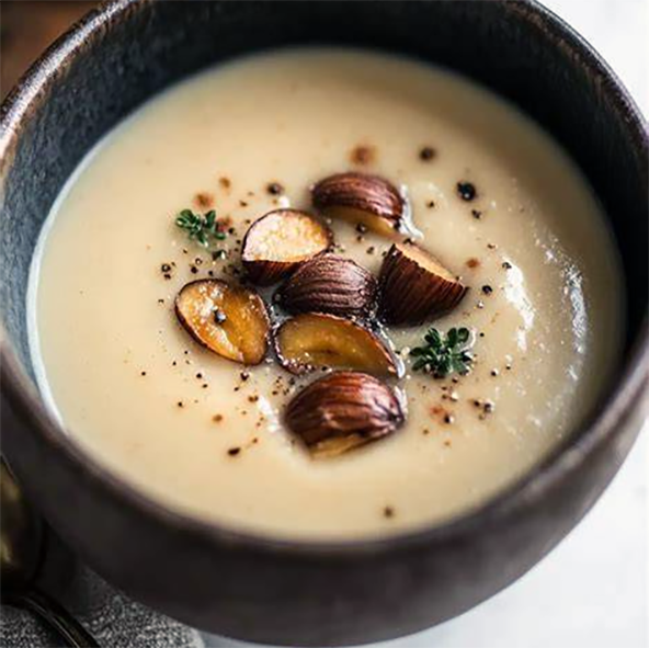 cream of chestnut soup served in a bowl garnished with halved toasted chestnuts