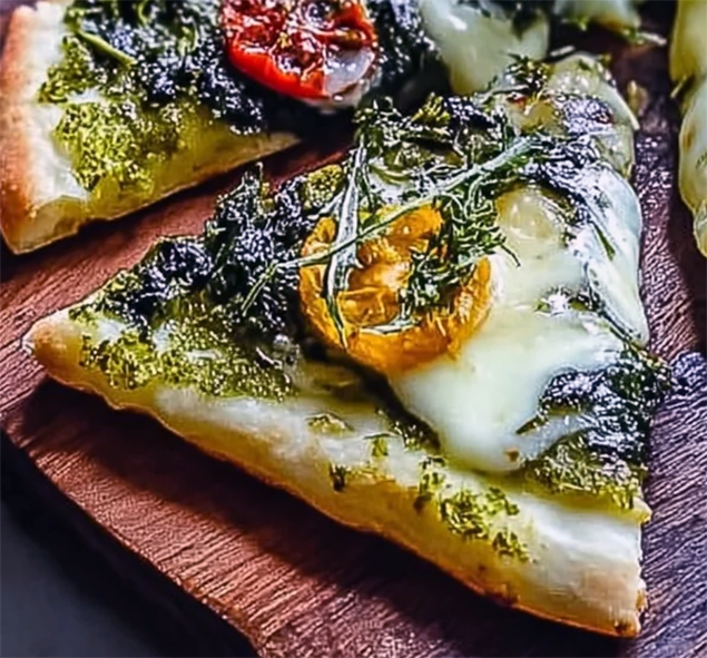 wedge of dandelion leaf pizza with halved cherry tomatoes an a chopping board