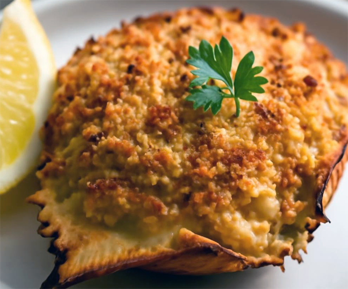 devilled dungeness crab on a plate with a wedge of lemon