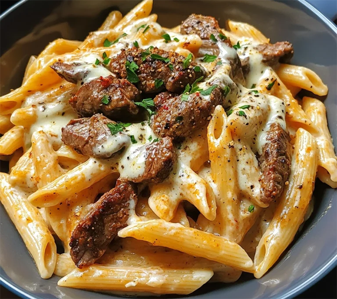 penne pasta in white sauce with pieces of fried Italian sausage