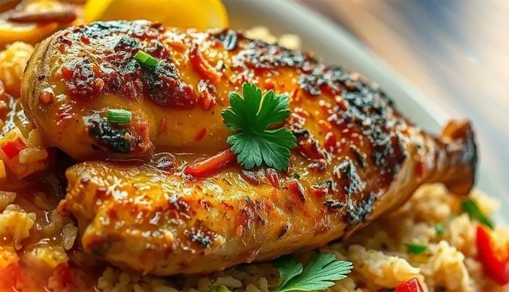 Zambezi-style barbecued chicken served on a bed of rice