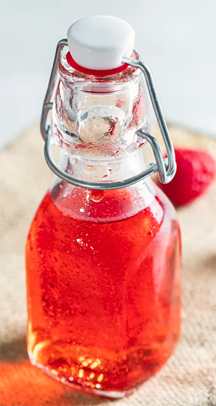 home-made raspberry vinegar in a glass bottle