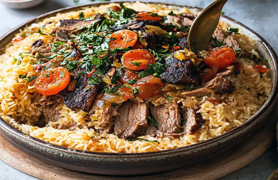 lamb maqluba turned out onto a large serving dish