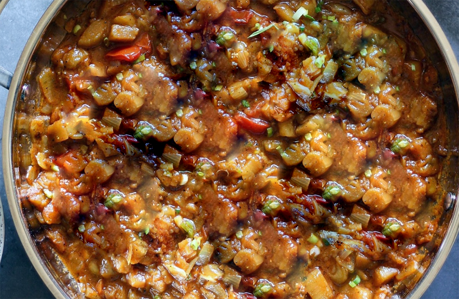Liberian aubergine and smoked fish stew in a pan