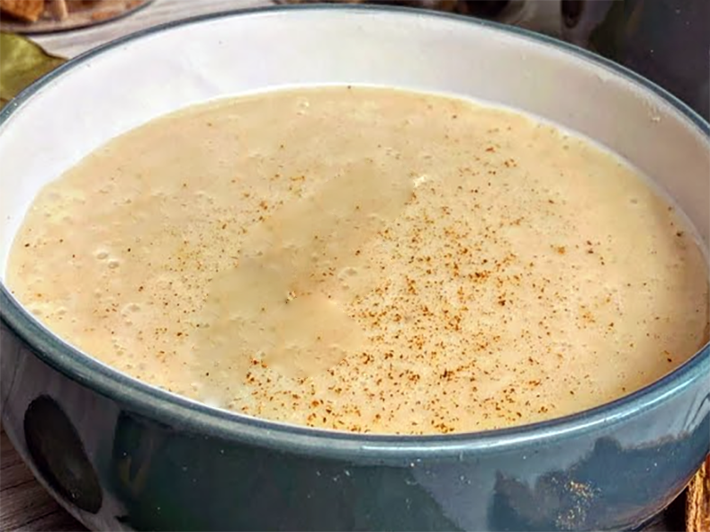 milk and wheat flour porridge thickened with egg yolk served in a bowl