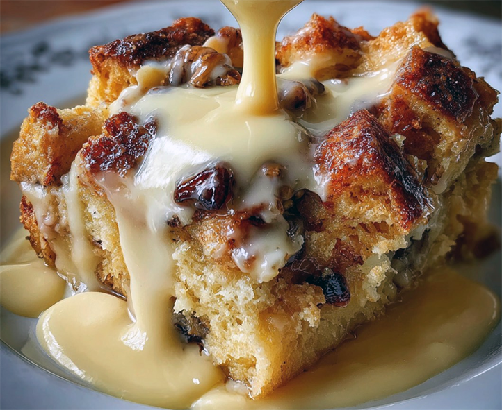 baked cinnamon bread pudding served with custard