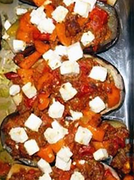stuffed aubergines in a roasting tin
