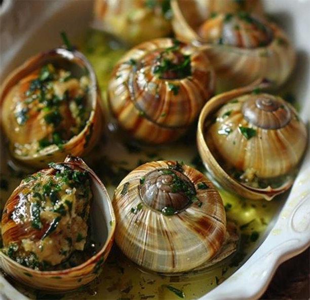 snails baked in a dish with herbed garlic butter