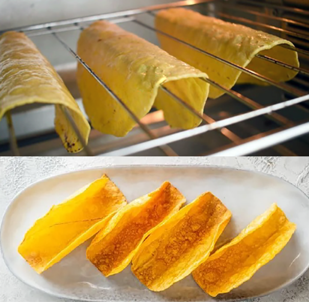 taco shells being formed over an oven rack (top) and baked taco shells on a serving plate (bottom)