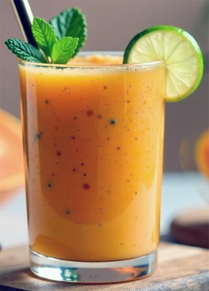 papaya smoothie garnished with a slice of lime and a mint sprig