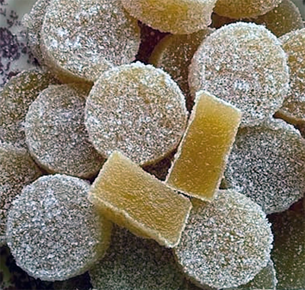 discs of apple puree candy dusted with icing sugar