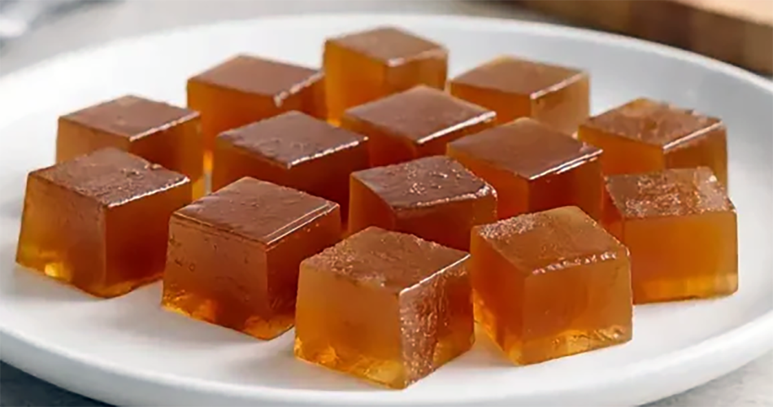 cubes of apple puree and gelatine jelly on a plate