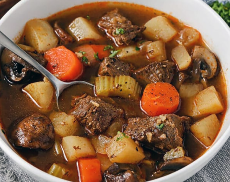 beef and vegetable soup in a soup bowl