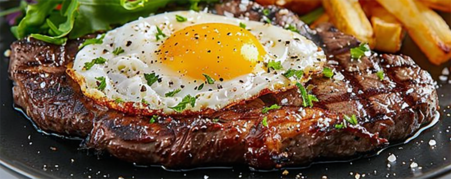 barbecued beef served topped with a fried egg