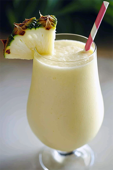 pina colada smoothie in a decorative glass with a wedge of pineapple