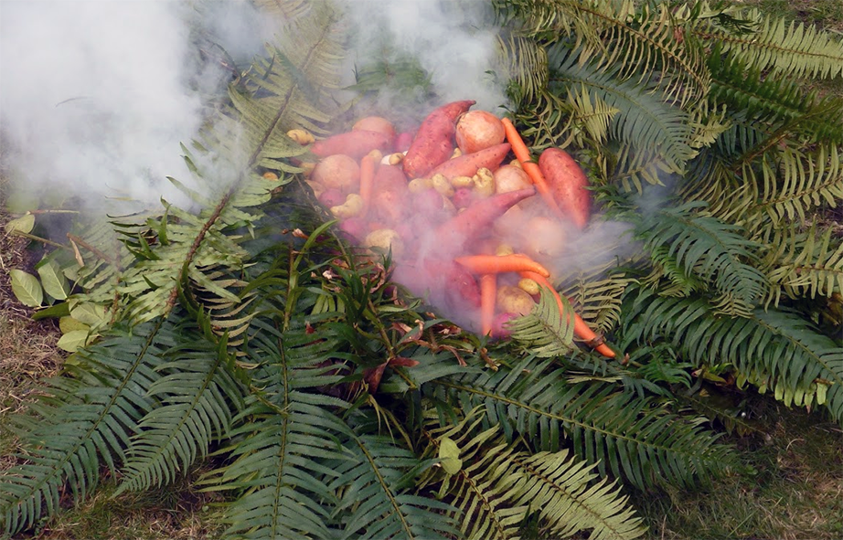 vegetables and crabs cooking on a pit oven