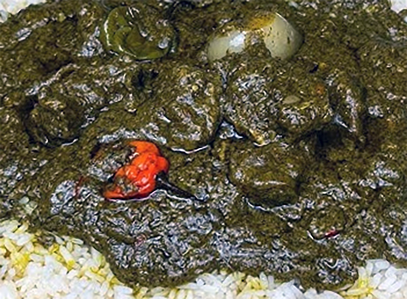 Sierra Leonean stew of greens and meat with a hot chilli served on a bed of rice</a>