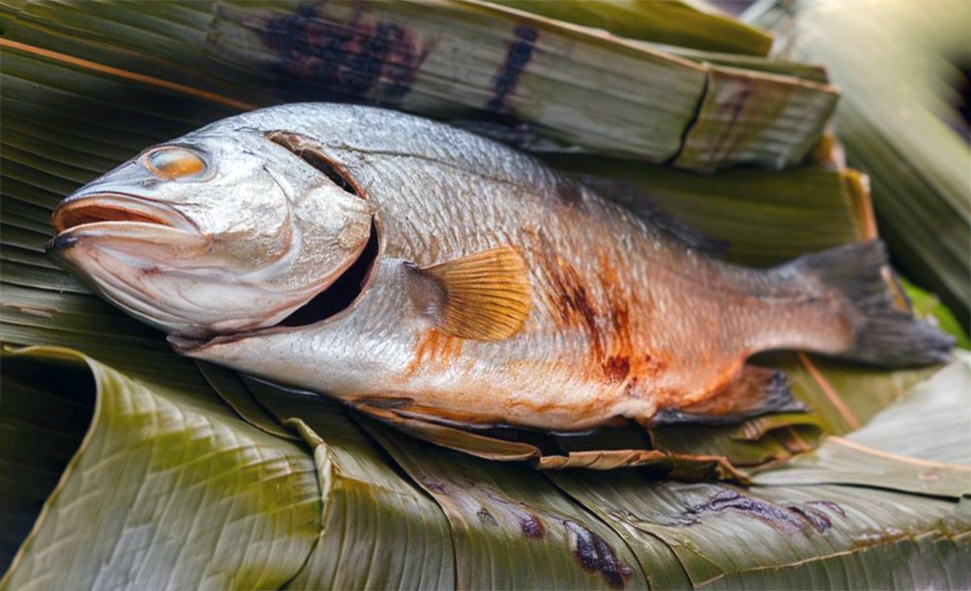 prepared fish in banana leaves ready to be wrapped for steaming
