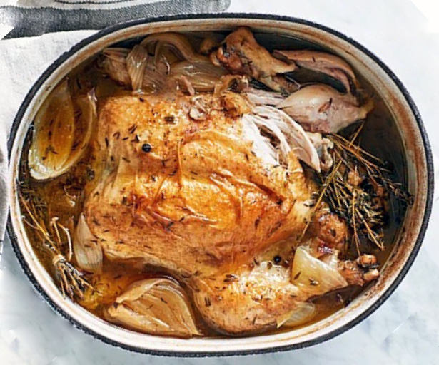 chicken in an oval roaster with onion and thyme cooking in a stock base