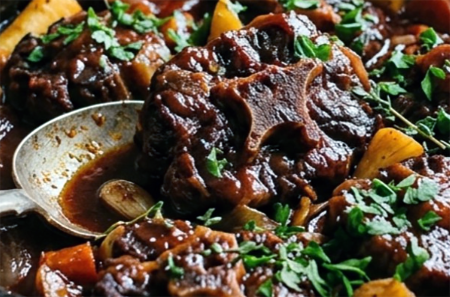 braised oxtail with onion and carrots garnished with flat-leaf parsley