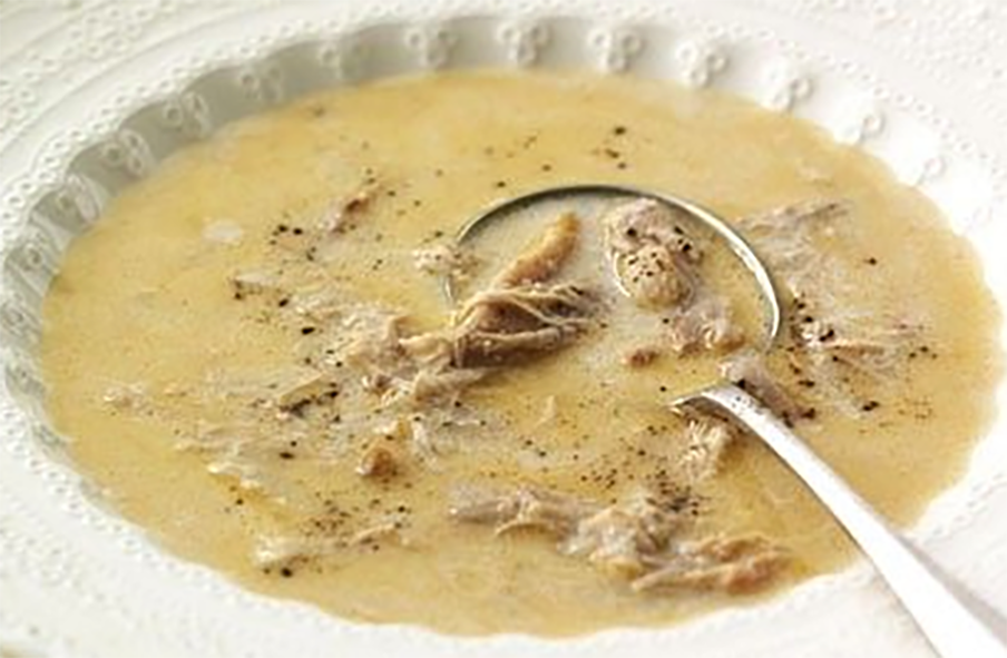 regency soup in a cream base served in a white soup bowl