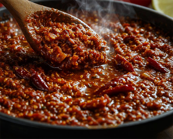 Salvadorean red chilli sauce simmering in a skillet