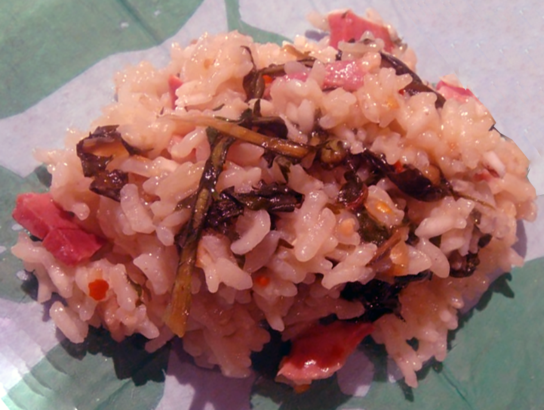 dandelion leaf risotto mounded on a plate