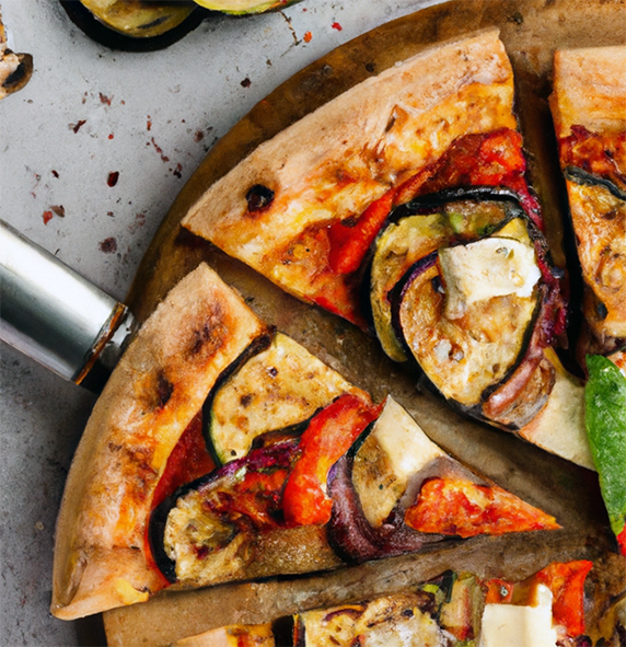 two wedges of roast vegetable and goat cheese pizza on a round wooden board