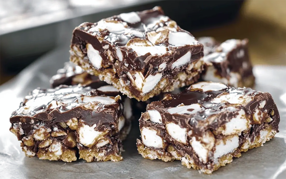 rocky road crunch bars on a glass plate