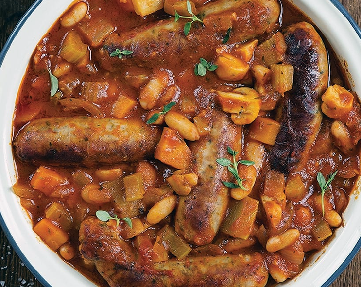 sausage, pumpkin and cannellini bean casserole in a stewing dish