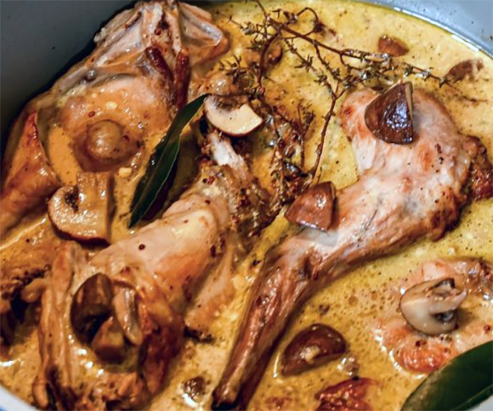 pan-fried rabbit in a white wine sauce