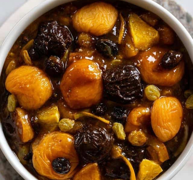 Norwegian sot souppe, a sweet soup of mixed dried fruit in a bowl