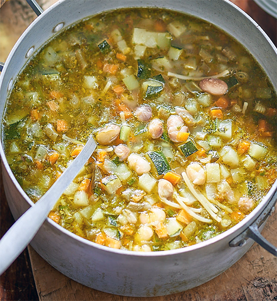 pesto soup in a stock pot