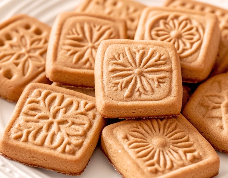 square spekulatius biscuits with patterns rolled into the upper surface