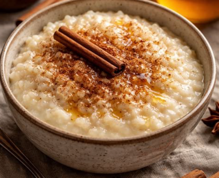 Sutlijaš, Macedonian rice pudding in a bowl, topped with cinnamon</a>